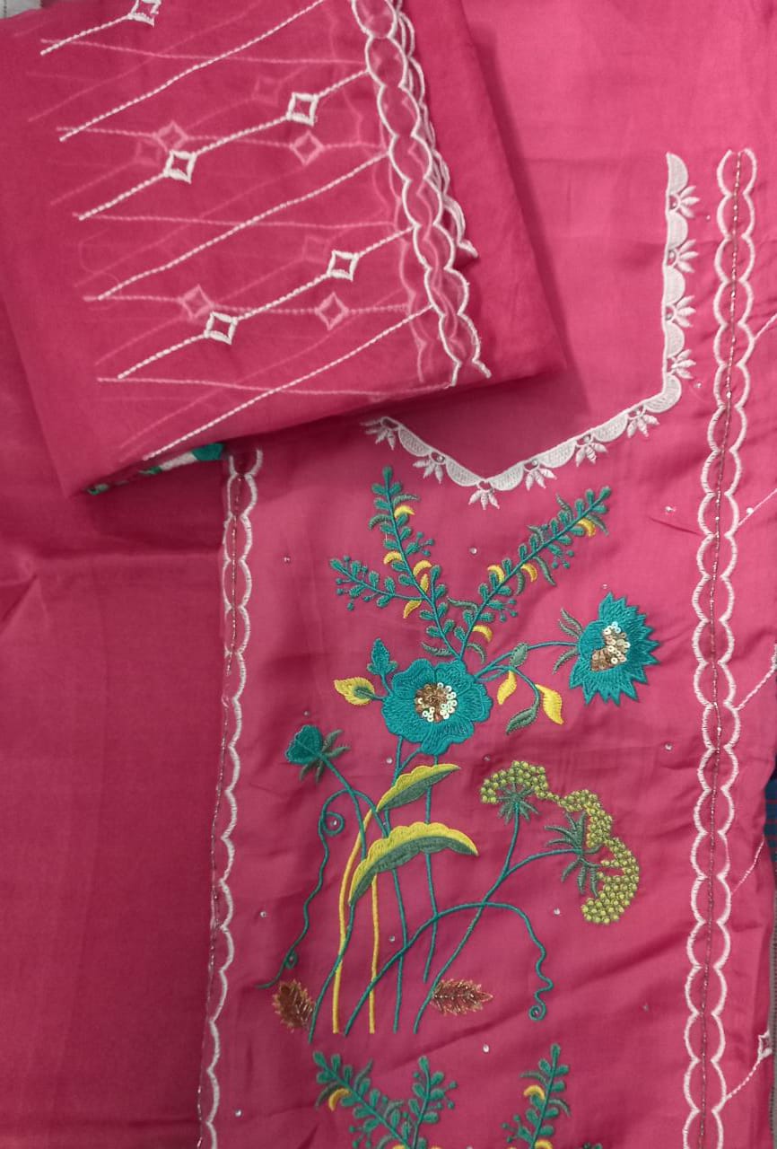 unstitched organza pink dress material with organza dupatta