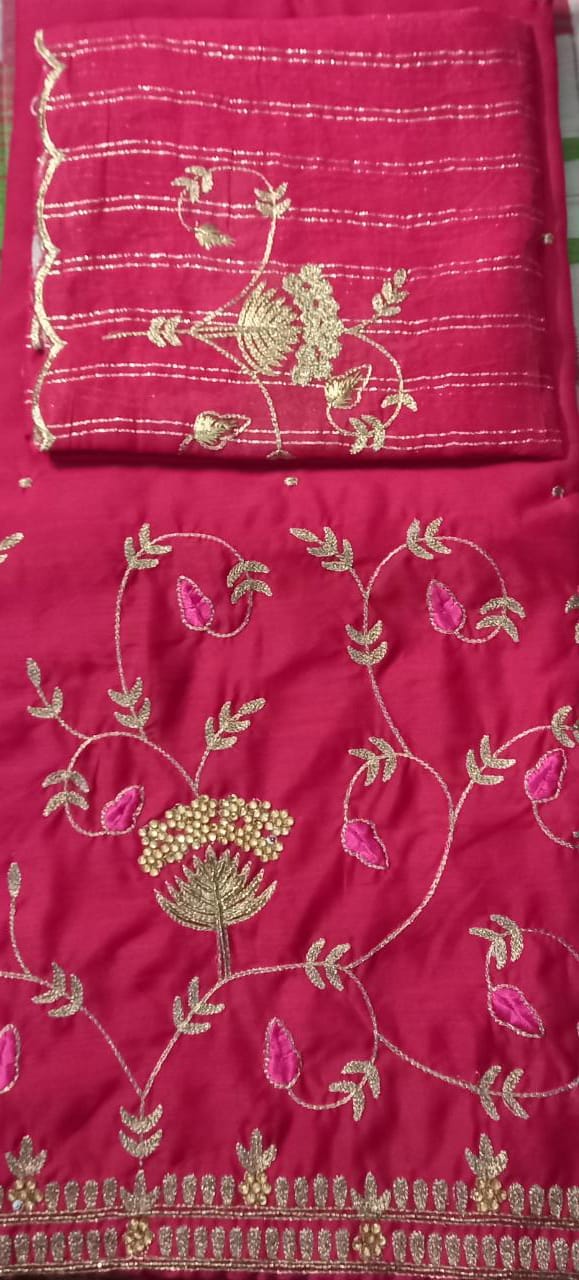 unstitched crispy crunch pink dress material with zari dupatta