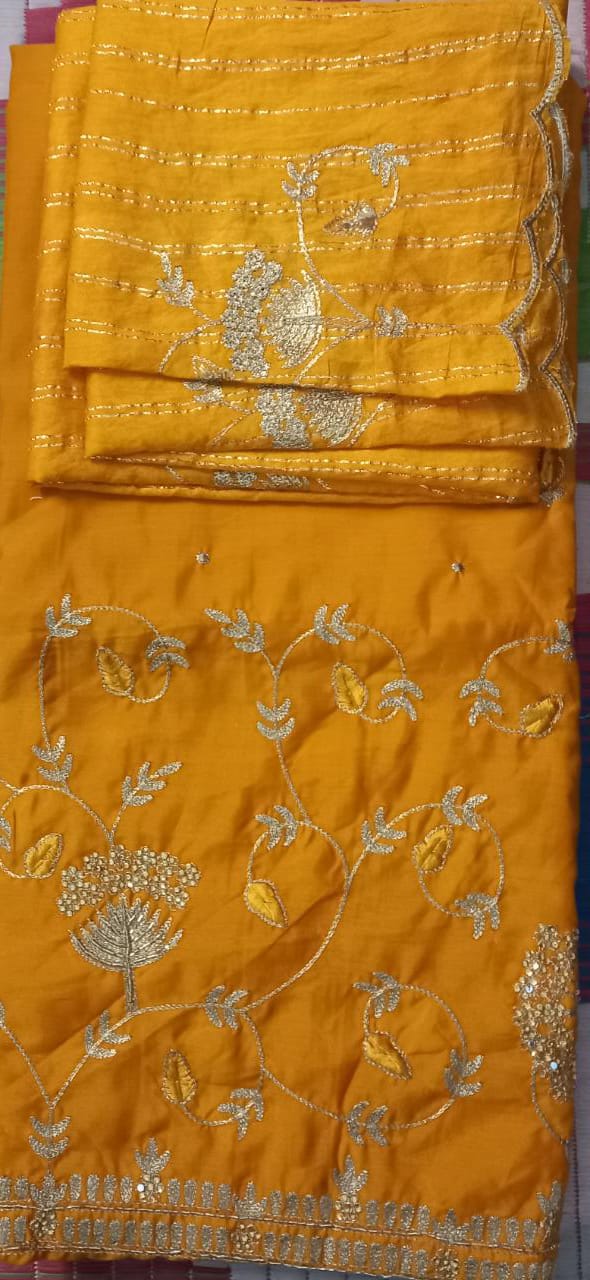 unstitched crispy crunch yellow dress material with zari dupatta