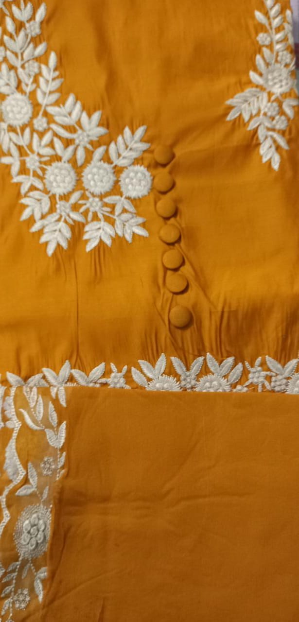 unstitched muslin yellow dress material with pure dupatta