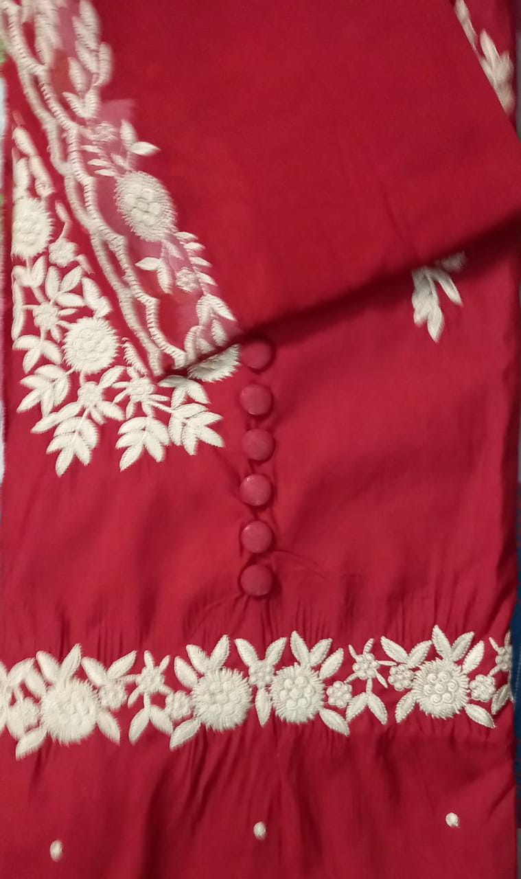 unstitched muslin red dress material with pure dupatta